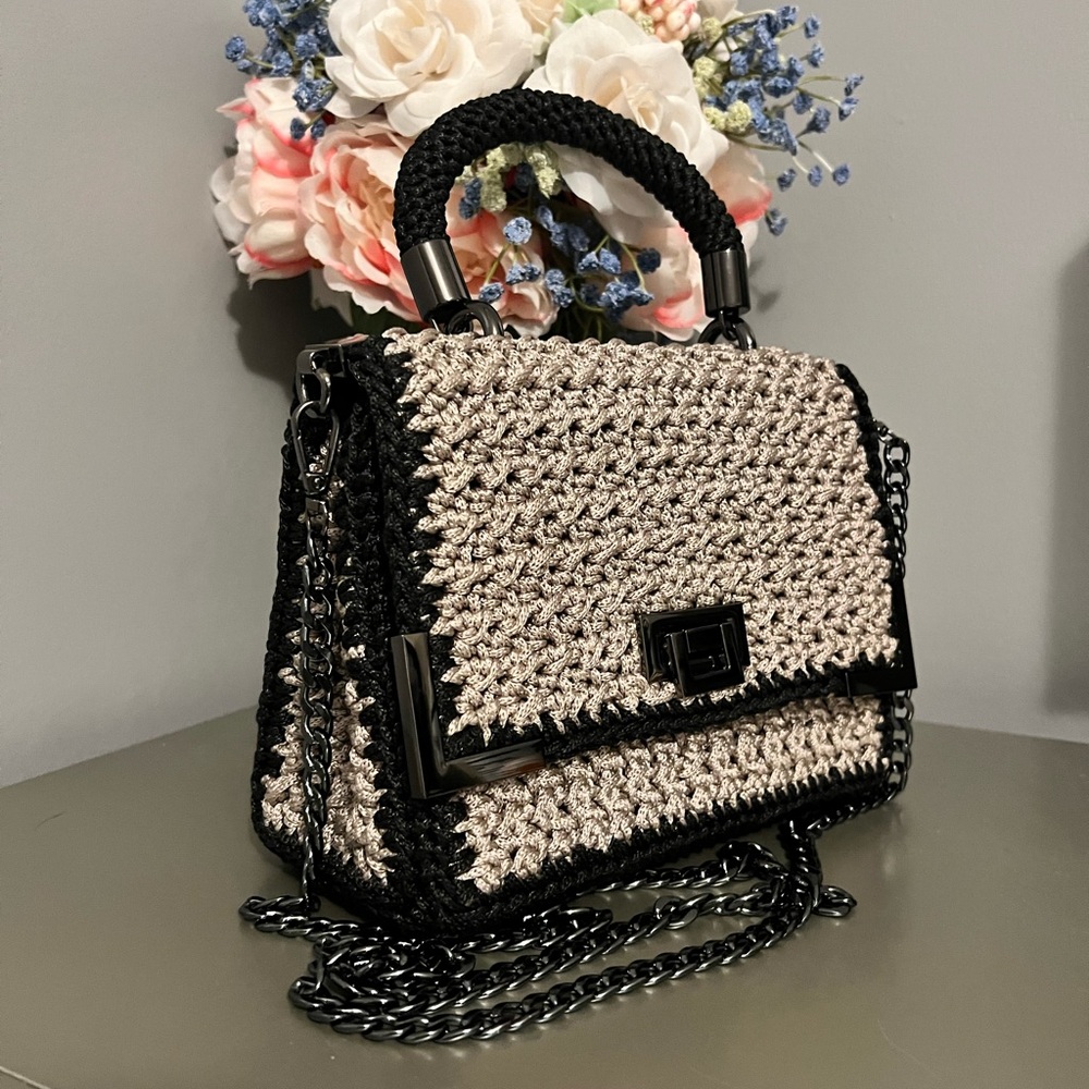 Chic Black and Cream Crochet Shoulder Bag